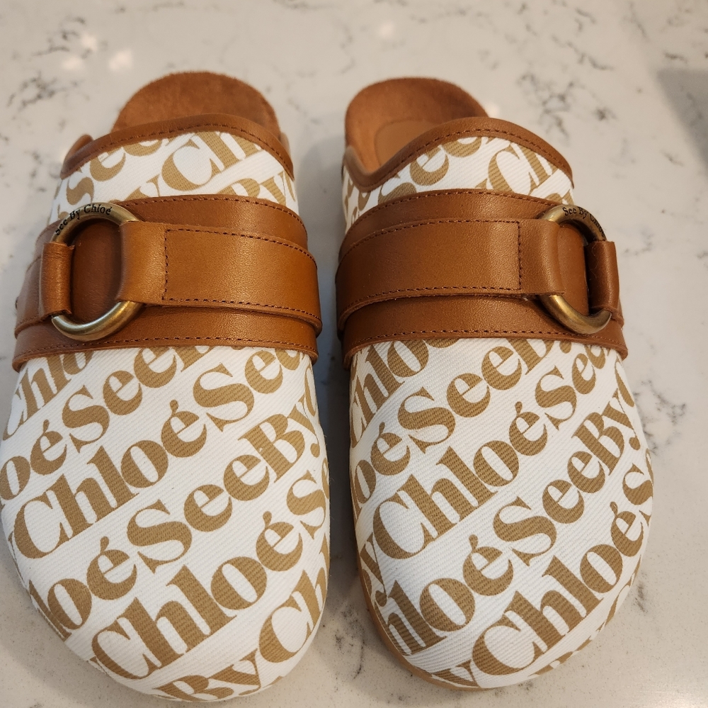 See By Chloe White and Brown Mules